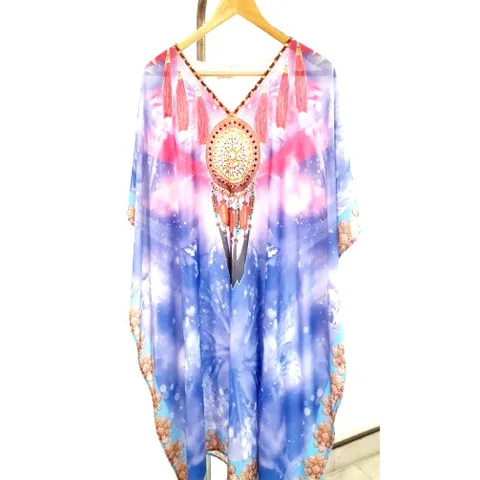 Printed kaftan with embellished neckline